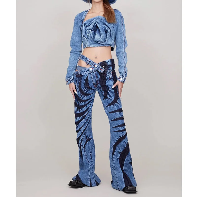 

Runway Vintage Cotton Flare Jeans Women 23 Summer Fashion Slim Washing Water Fold Open Waist Denim Bell Bottoms Millennium Style