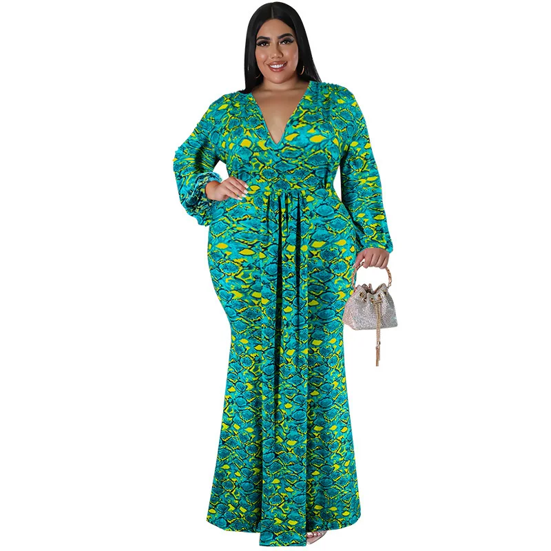 Plus Size Women's Fishtail Dresses New Long Sleeve Hip Printed Fashion Party Dresses Large Size Female Casual Elegant Dresses