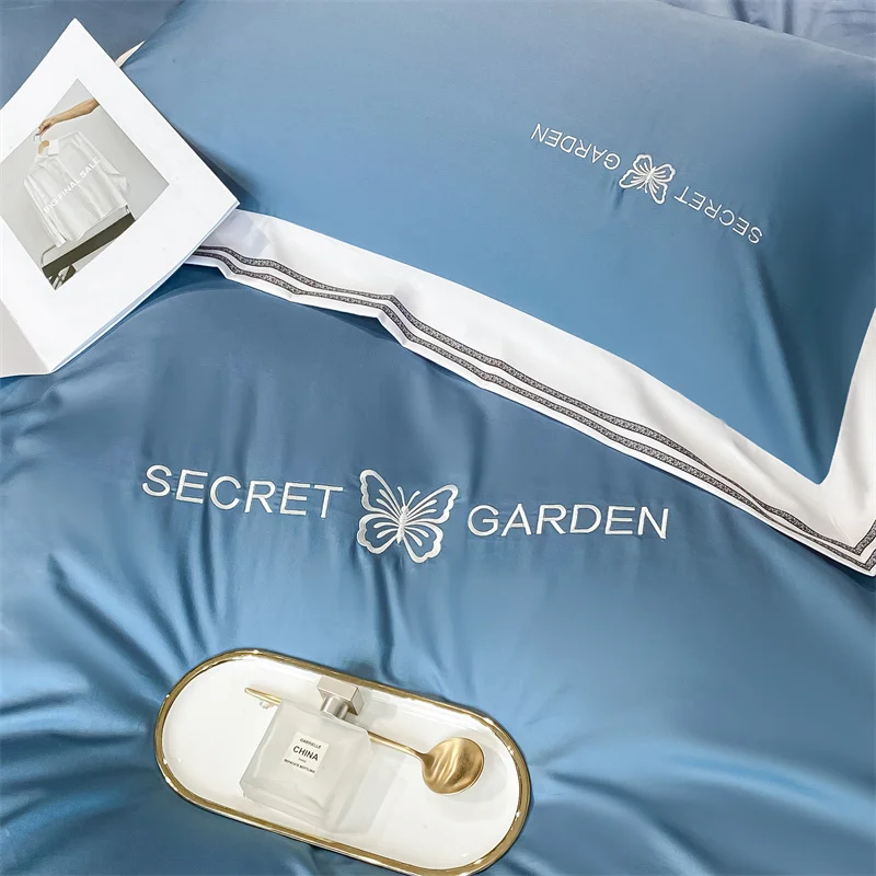 Комплект постельного белья с вышивкой бабочки 100% хлопок синий серый саржевый