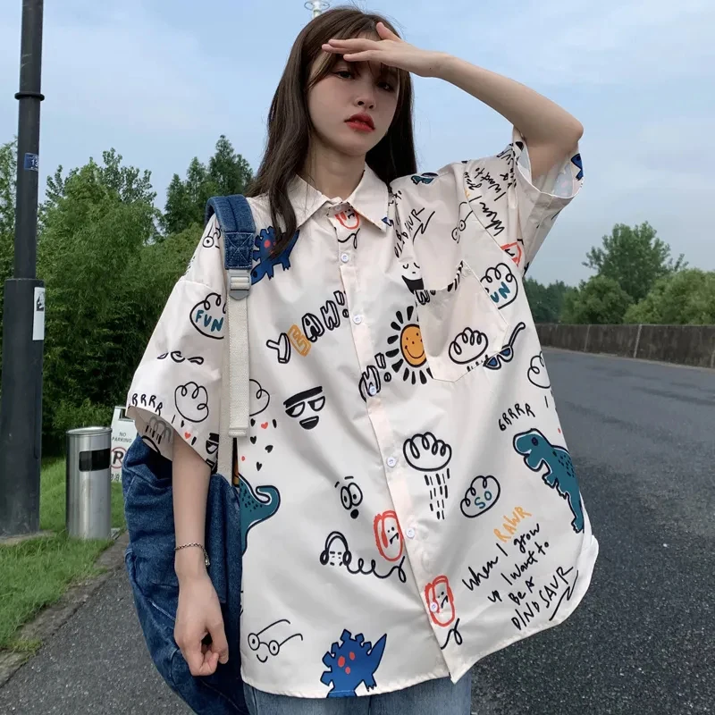 

Zoki Harajuku Loose Short Sleeve Blouses Women Summer Casual Korean Print Turn Down Collar Shirts Bf Vintage Fashion Streetwear