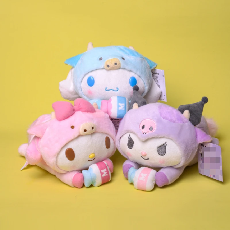 

New Sanrio Cartoon Anime Costume Cow Cinnamoroll Kuromi My Melody Lying Posture Plush Toy Cute Stuffed Soft Dolls Children Gifts