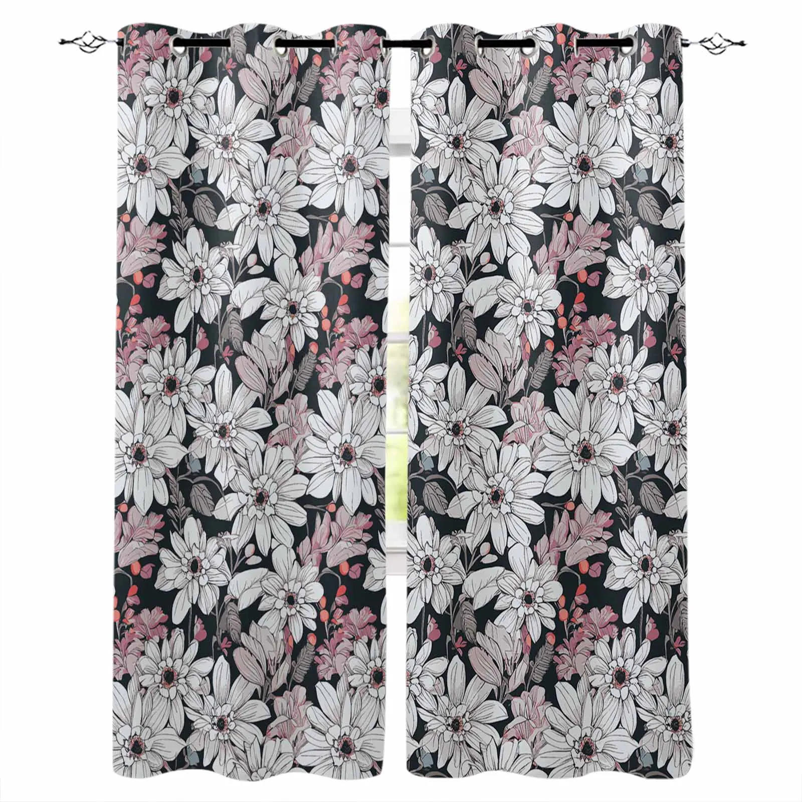 Черная занавеска на окна с изображением цветов для гостиной кухни