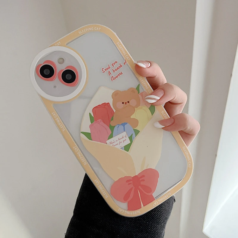 

Cute Watercolor Flower Bear Clear Phone Case For iPhone 13 11 12 Pro Max X XR XS Max 7 8Plus Sweet Cartoon Round Lens Soft Cover