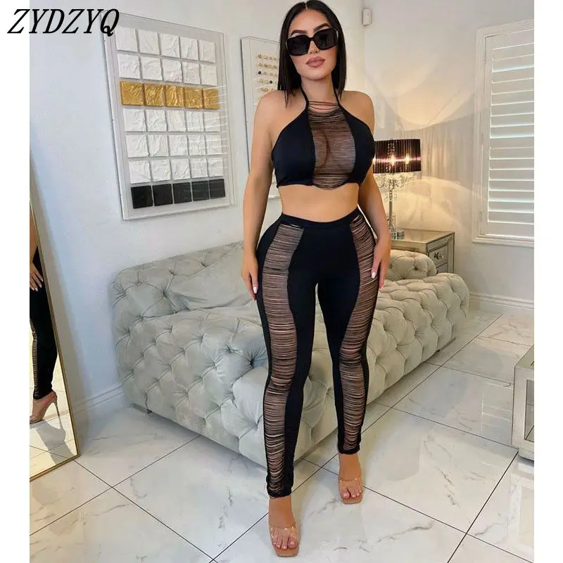 

ZYDZYQ Two Pieces Set Women Summer Black Hollow Tank Top Pants Sets Y2k Clothes Nightclub Vacation Outfits Streetwear Wholesale