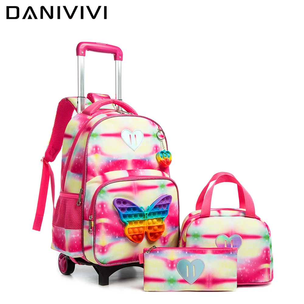 New Press Bubbles Design School Bags for Girls Children's Wheel Backpack with Lunch Bags Pencil Case Kids School Bags Book Bag