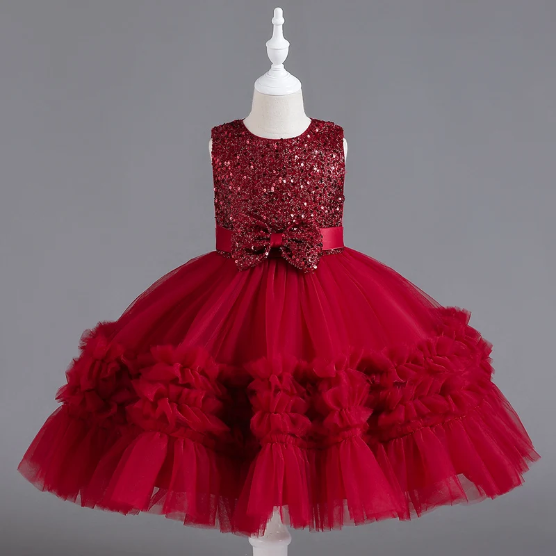 

Girls' dress Sequin mesh pommel dinner dress bow cake dress Princess wind child #C309