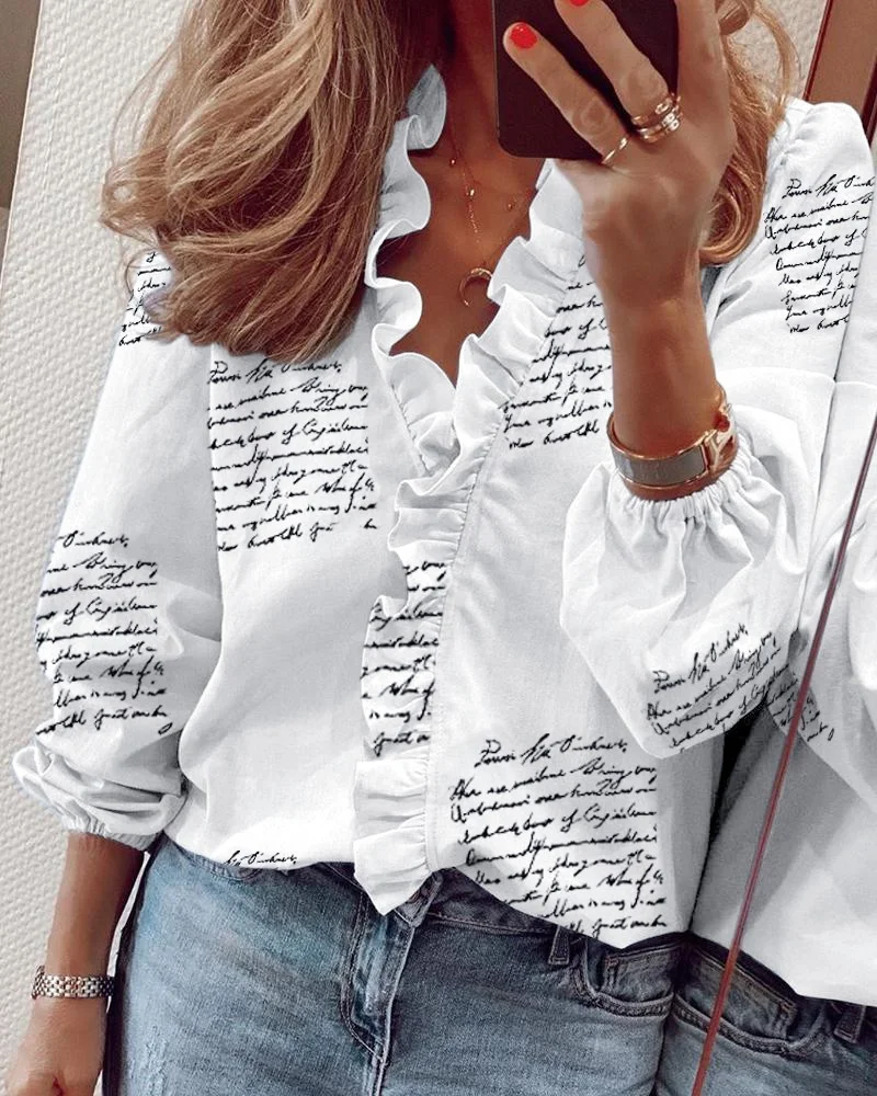 Spring Autumn Letter Print Womens Tops Blouses Elegant Long Sleeve Lotus Leaf Collar Shirt Ladies Chemise Femme Blusa Streetwear
