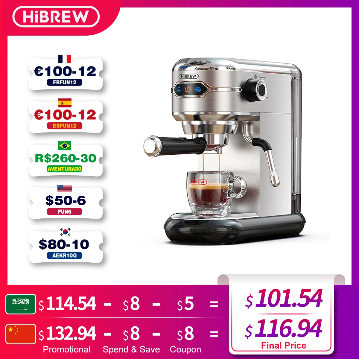 Cafetera 19 Bar Inox Semi Automatic Super Slim Ese Pod& Powd