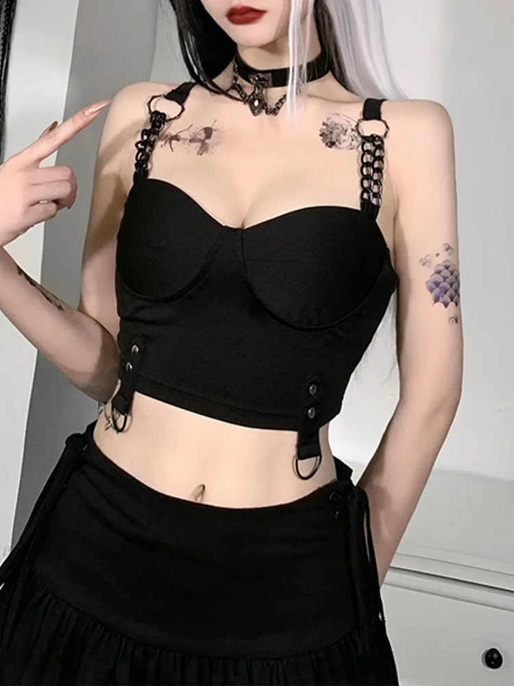 InsGoth Punk Safari Chain Black Camisole Grunge Gothic Bodycon Corset Tops Emo Streetwear Sexy Backless Women Summer Camis | Женская