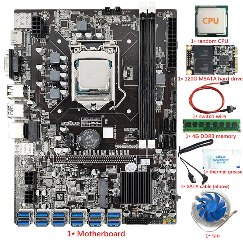 B75 12 USB3.0 BTC Mining Motherboard CPU+Fan+4G DDR3 RAM+120G SSD+Thermal Grease+Switch Cable+SATA Cable LGA1155 SATA3.0