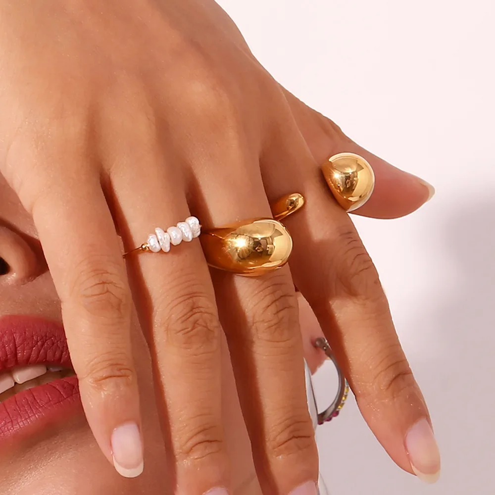 Кольцо женское из нержавеющей стали с полированным камнем в виде капли воды