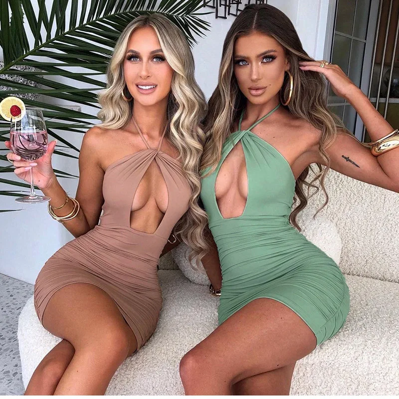 

Halter Cut Out Sexy Summer Dress Women Backless Ruched Mini Bodycon Dress Night Club Birthday Party Dresses Green Pink