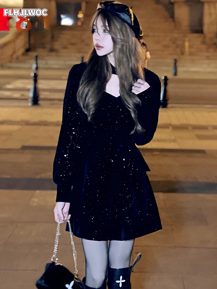 

2022 рождественское красное вечернее мини-платье с блестящими вырезами, сексуальное элегантное платье во французском стиле, модное милое мал...