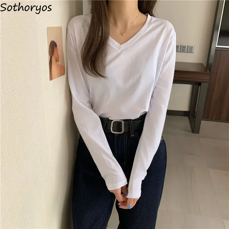 

Женские футболки с длинным рукавом, шикарные стильные универсальные Простые повседневные весенние топы в Корейском стиле с V-образным выре...