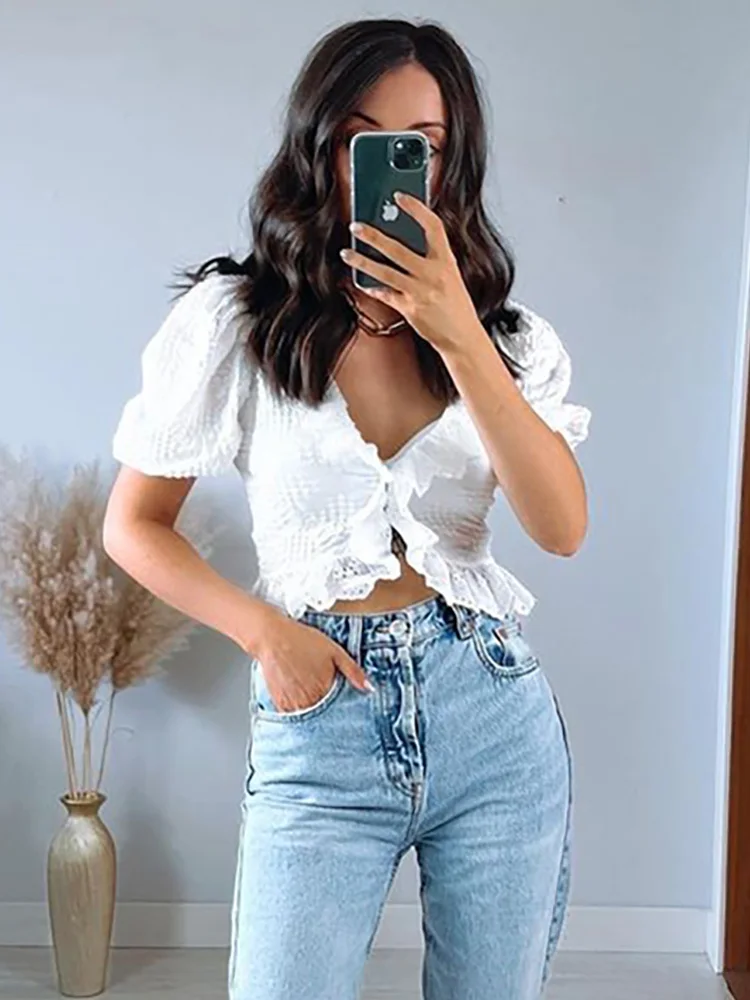 

Summer Clothes For Women Tops 2022 Elegant Openwork Embroidery Ruffle Trim White Blouse V Neck Short Puff Sleeve Casual Crop Top