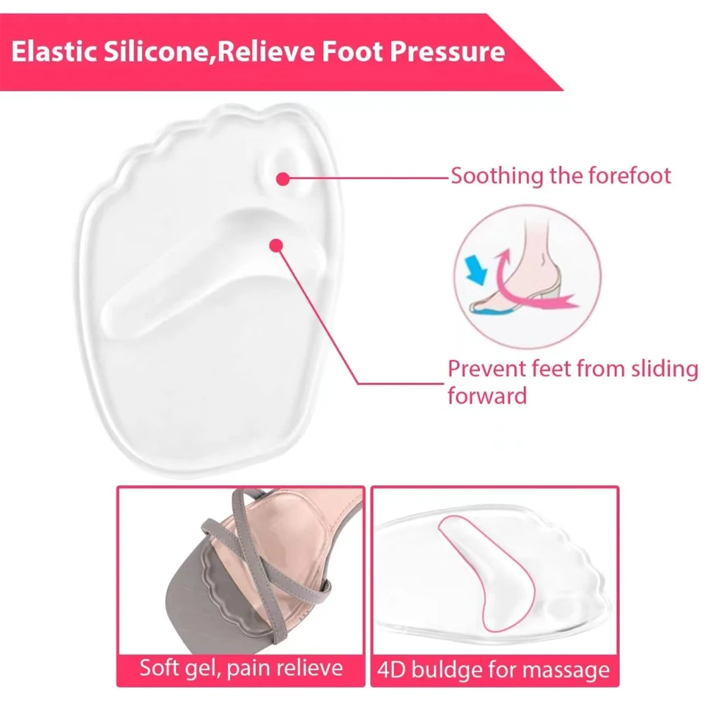 Silicone Forefoot Insert Cushion Pads for Women Shoes Anti-Slip Foot Pain Relief Pads for High Heels Sandals Gel Shoe Insoles