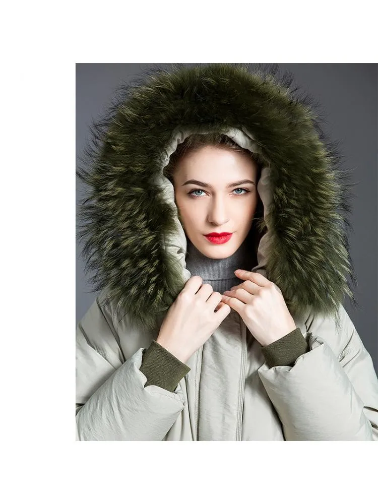 2022 Korean Winter Natural Raccoon Fur Collar Fashion Padded Soft Long 90 White Duck Down Coats Women Hooded Loose Warmer Jacket