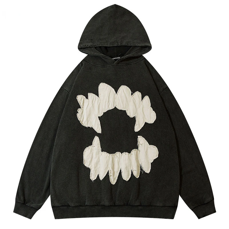 

Vintage Mens Hoodie Sweatshirt Y2K Grunge Hip Hop Ripped Embroidery Teeth Patch Hooded Streetwear Harajuku Punk Gothic Pullover