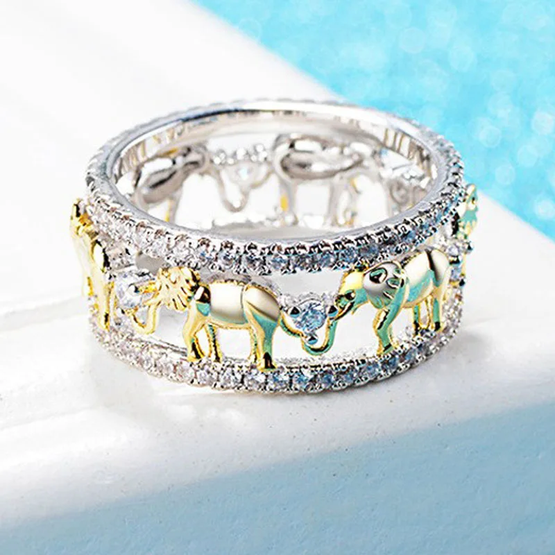 

New Trendy Two Colors Elephant Animal Shaped Ring Bling Iced Out AAA CZ Rhinestone Zircon for Women Men Party Jewelry