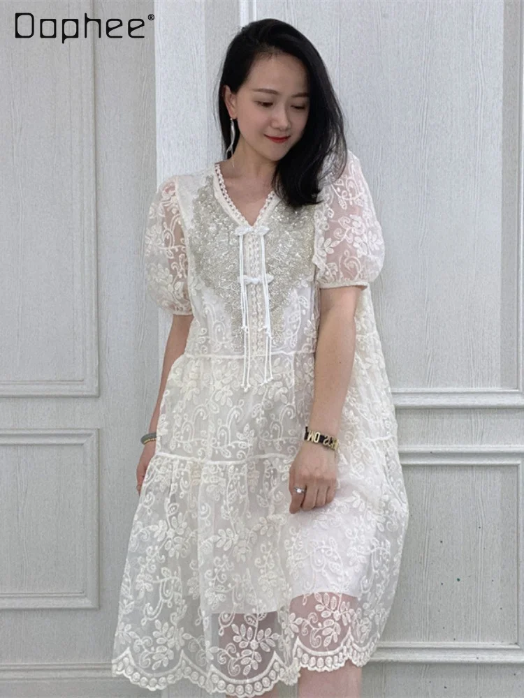 

Apricot V-neck Puff Sleeve Lace Dress for Women 2023 Summer Women's Closing New Short Sleeve Embroidery Beads A- Line Dress