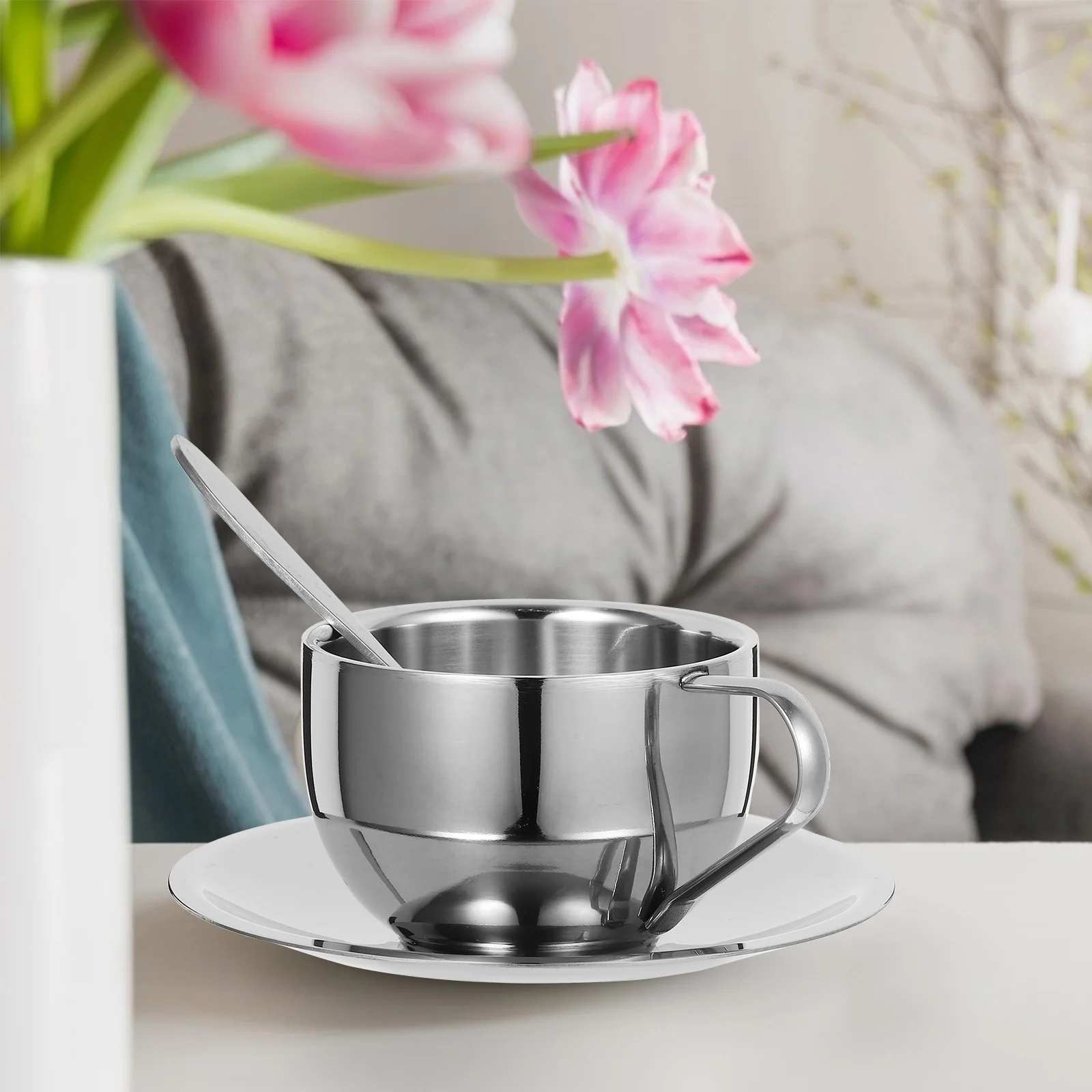 

Coffee Cup For Gift Cups With Saucers Bright Light Tea Milk Mug European Style Stainless Steel