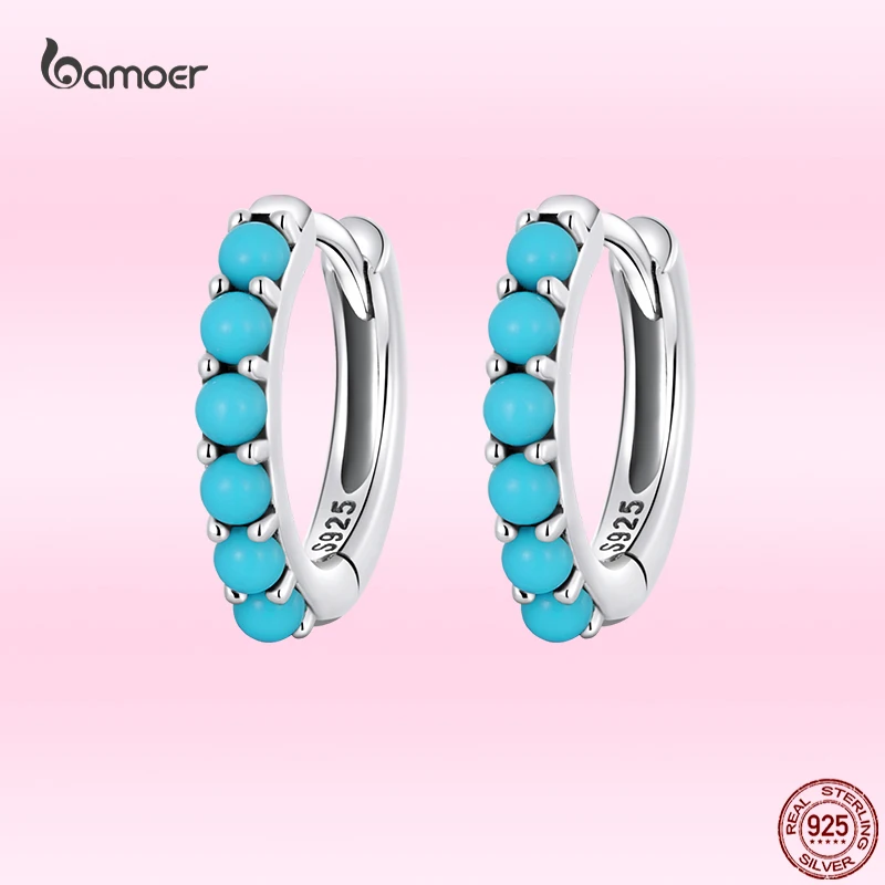 

Bamoer 100% 925 Sterling Silver Fashion Turquoise Ear Buckles Earrings for Women Fine S925 Wedding Anniversary Jewelry for Girl