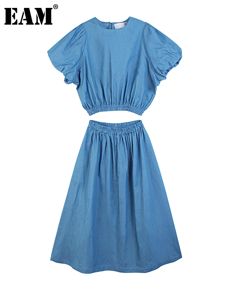 

[EAM] Half-body Skirt Denim Big Size Two Pieces Suit New Round Neck Short Sleeve Women Fashion Tide Spring Summer 2022 1DE7913
