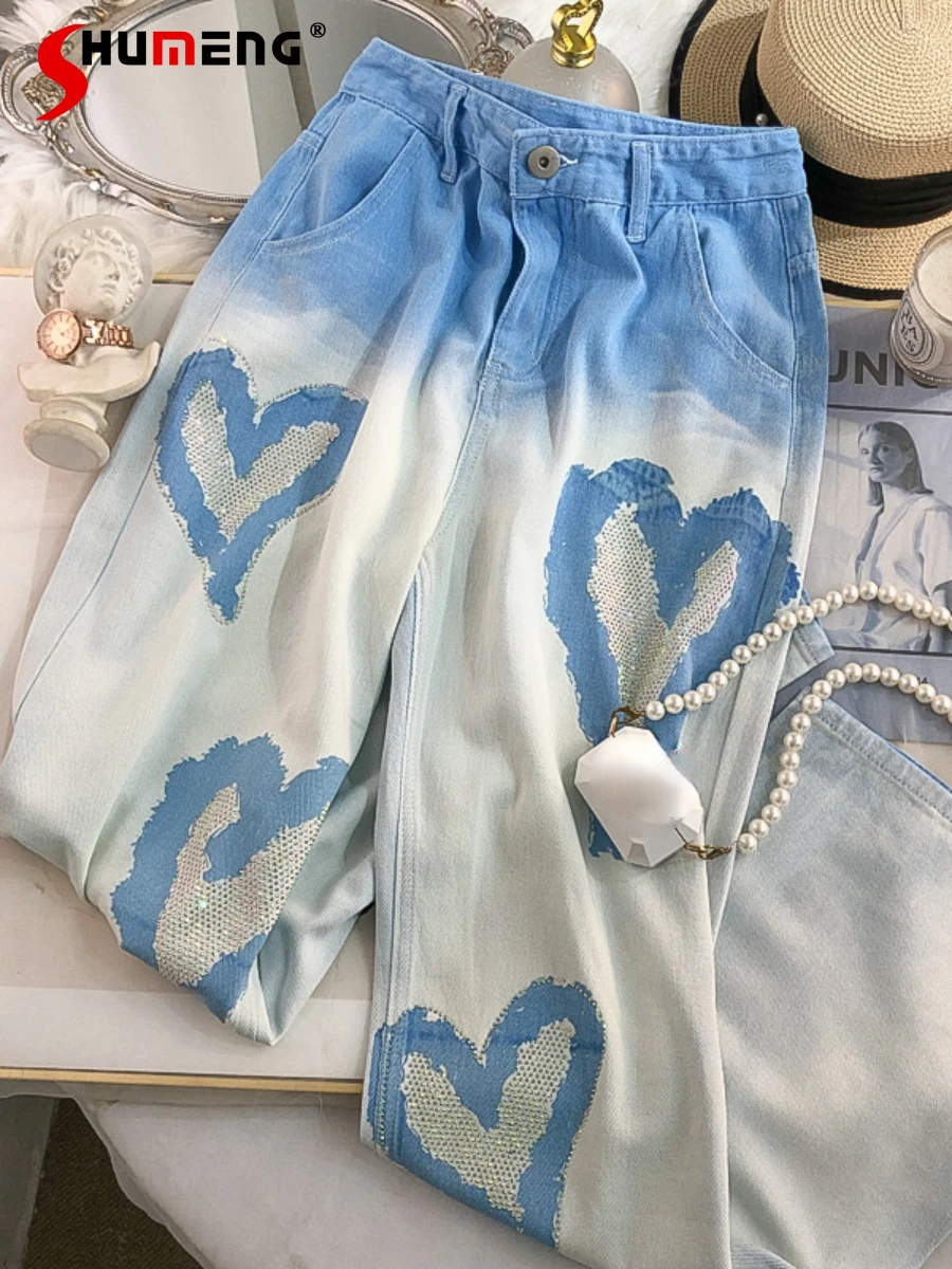 

High Street Western Gradient Color Hot Rhinestone Heart Wide Leg Jeans Women's 2022 Spring Elegant Straight Mopping Denim Pants