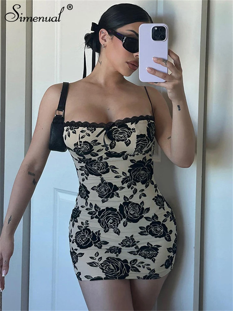 

Simenual 90S Vintage Florals Print Paghetti Strap Mini Dress Women Elegant Retro Bodycon Dresses Sexy Backless Prom Party Cloth