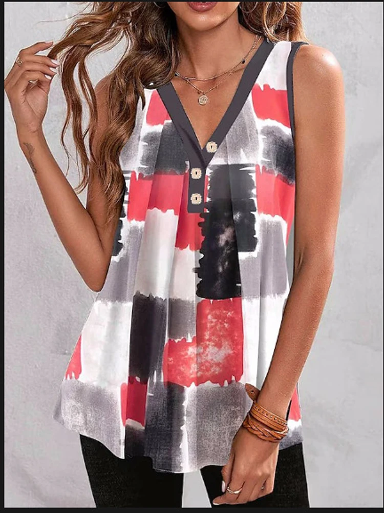 

Summer T Shirts Fashion Tank Women Loose Fit V Neck Button Print Vest Casual Floral Harajuku Comfortable Street Style Sleeveless