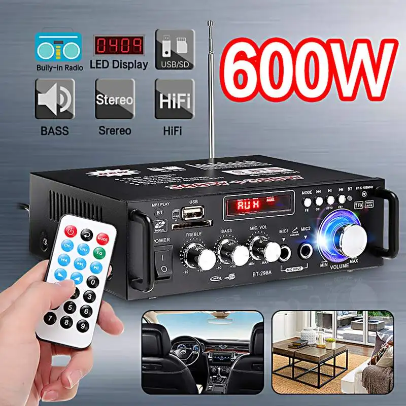 600W 298A Home Amplifiers HIFI USB FM Radio Car Audio Bluetooth Amplifier AK35 Amplificador Audio Subwoofer Theater Sound System