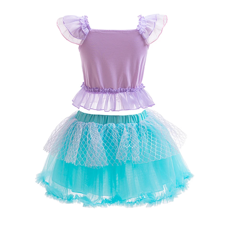 Disney Girl Princess Mermaid Ariel Snow White Costume Tutu Dress 2PCS Set Flying Sleeve Birthday Carnival Party Toddler Outfits