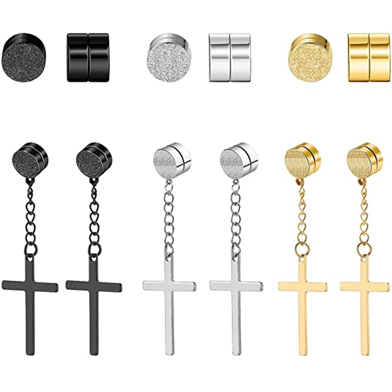 

6 Pairs of Stud Earrings Stainless Steel Magnetic Clip Round Frosted Earrings Non-pierced Cross Pendant Magnetic Earrings Unisex