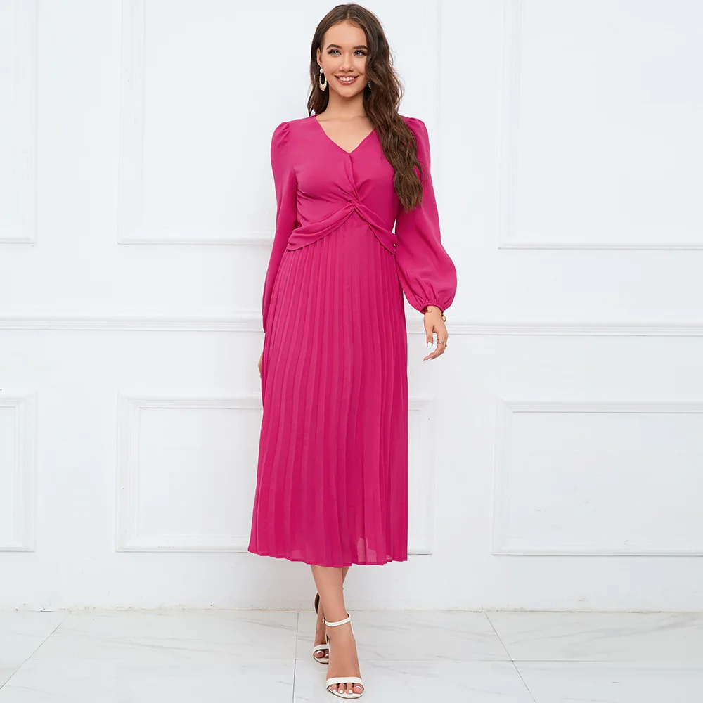 

Long sleeved V-neck slim fitting pleated dress with solid color lantern sleeves long birthday dress for women