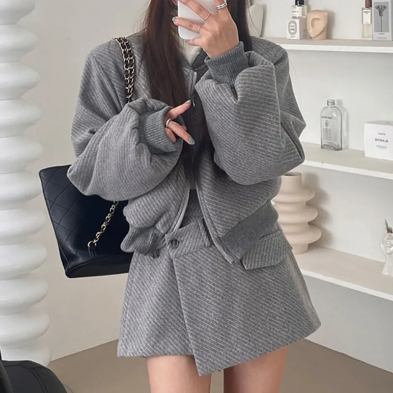 Корейские шикарные женские комплекты 2025 года куртки на молнии с длинными