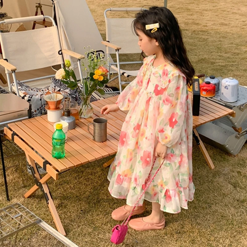 

Весенне-летнее платье для девочек, детская пляжная юбка, детская одежда, розовое большое платье с цветами, платье принцессы с круглым воротн...