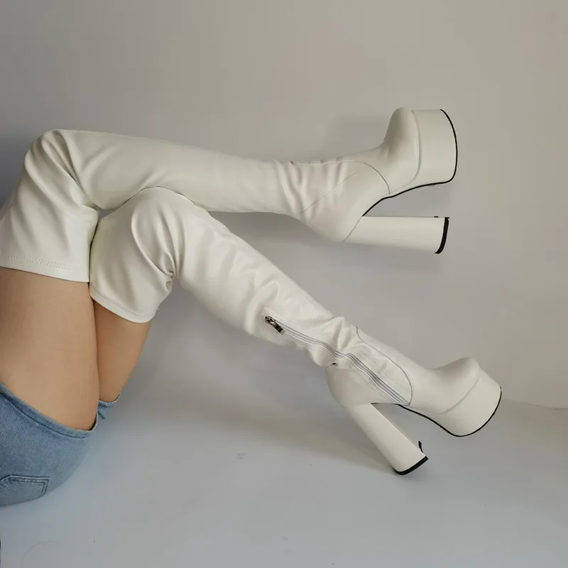 Pole Dance Thick Heel Waterproof Platform Patent Leather Round Head High Heel White Knee Length Boots Large Women's Boots 45