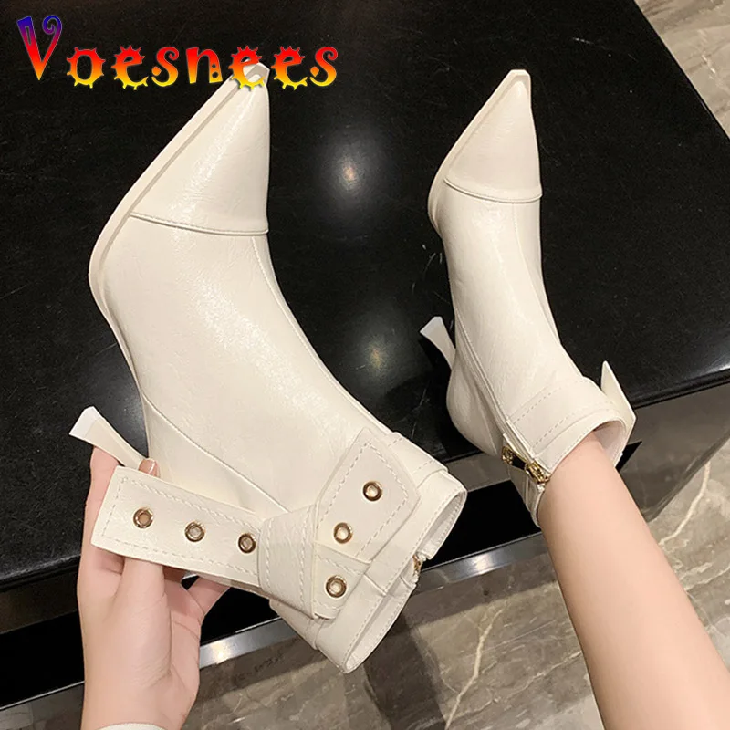 

Fashion Slim Ankle Boots Women's 2022 Pointed Toe Elegant Short Boots Autumn Winter Belt Buckle Decoration Side Zip Heels Shoes