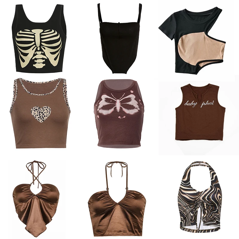 

Summer 2022 Women's Vintage Brown Halter Y2k Oberteile Camisole Hollow Out Crop Top Sexy Aesthetic Fairy Corset Tank 90s Clothes
