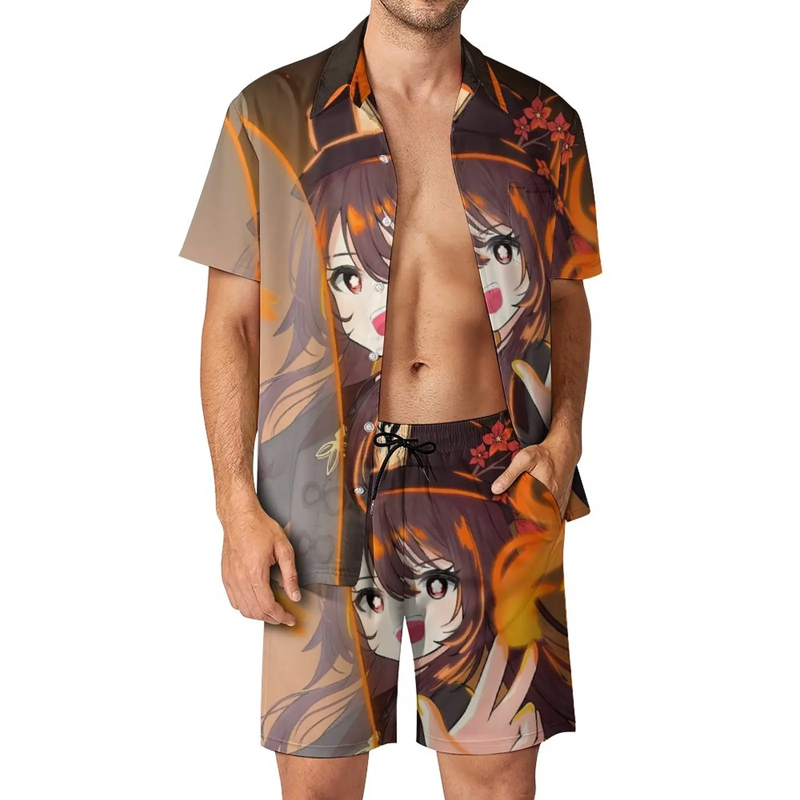 

Мужские комплекты Genshin Impact Hu Tao аниме повседневные шорты летний модный пляжный комплект рубашки с коротким рукавом костюм оверсайз подарок на день рождения