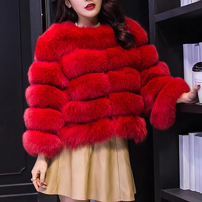 2022 Winter Fashion Faux Fur Jacekt For Women Streetwear New Style Faux Fox Fur Coat Women's Short Round Neck Winter Fur Tops