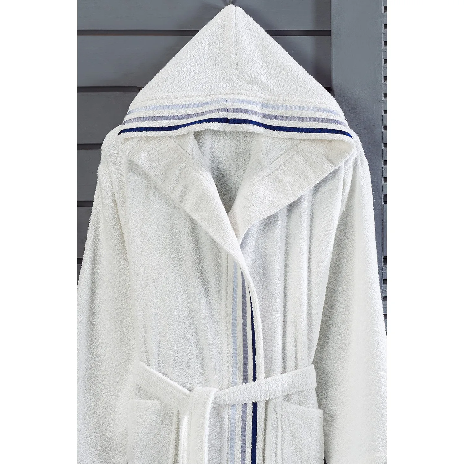 Özenev Hooded 2 Piece Family Bath Robe Set Cotton Striped Groined Soft Luxury Navy Blue Spacious Comfortable A Comfortable Posture