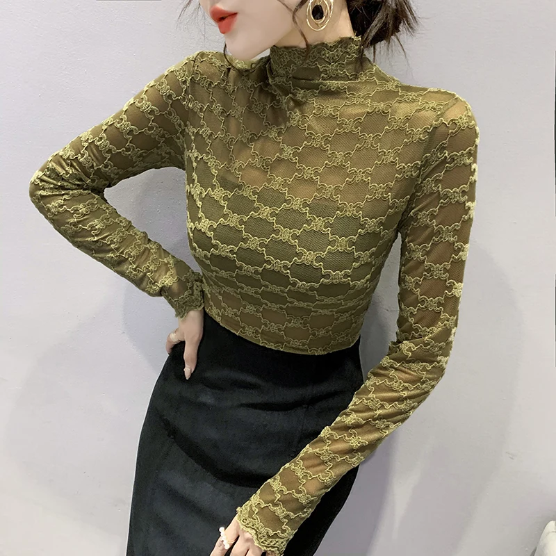 

2023 New Fall Winter European Clothes T-Shirt Fashion Sexy Turtleneck Lace Women Tops Long Sleeve Bottoming Shirt Hot Tees 39126