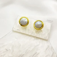 zhen d jewelry natural coin pearls round shape gold plated earrings concise simple gift for girl women minimalist