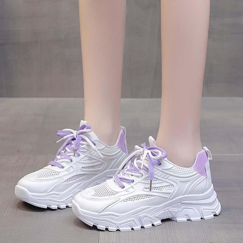 

Кроссовки женские сетчатые на платформе, дышащие, с кружевом, повседневная спортивная обувь, белые, 2022
