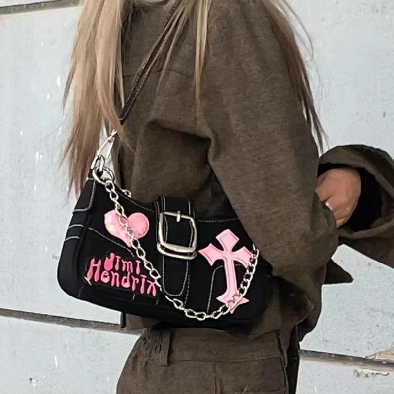 

Y2k Gothic Biker Shoulder Bag Heart Crosses Letter Chain Retro Hip Hop High Street Handbag Sweet Cool Fashion Underarm Bag
