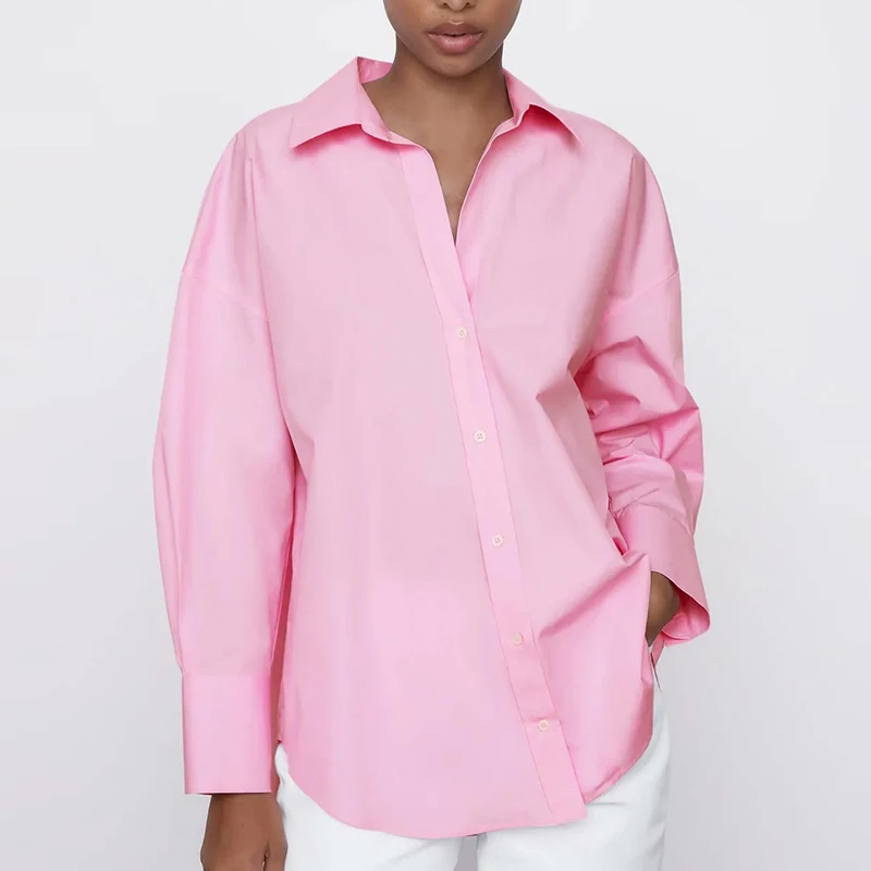 

Женская Офисная однобортная блузка ZA, розовая Простая рубашка с длинным рукавом и отложным воротником, лето 2021
