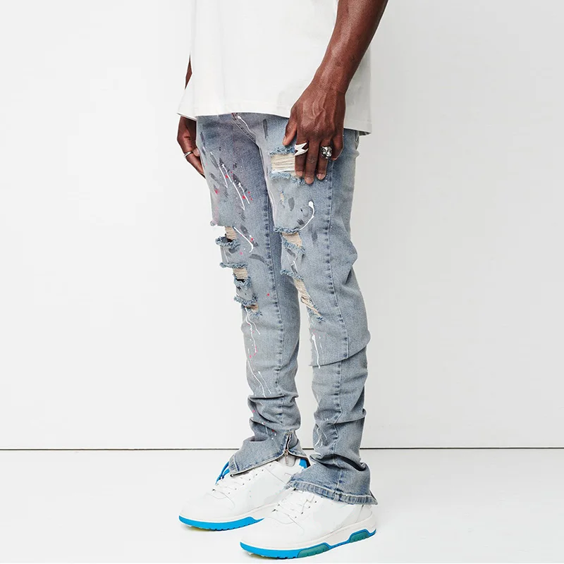 New Jeans Men's Slim Ripped Pants New Men's Painted Jeans Streetwear Men Fashion Full Length Denim Pants Slim Trousers
