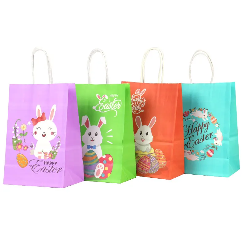 

4pcs Happy Easter Bunny Paper Gift Bags Cookies Candy Packaging Bags for Kraft Paper Bags Birthday Baby Shower Party Decoration