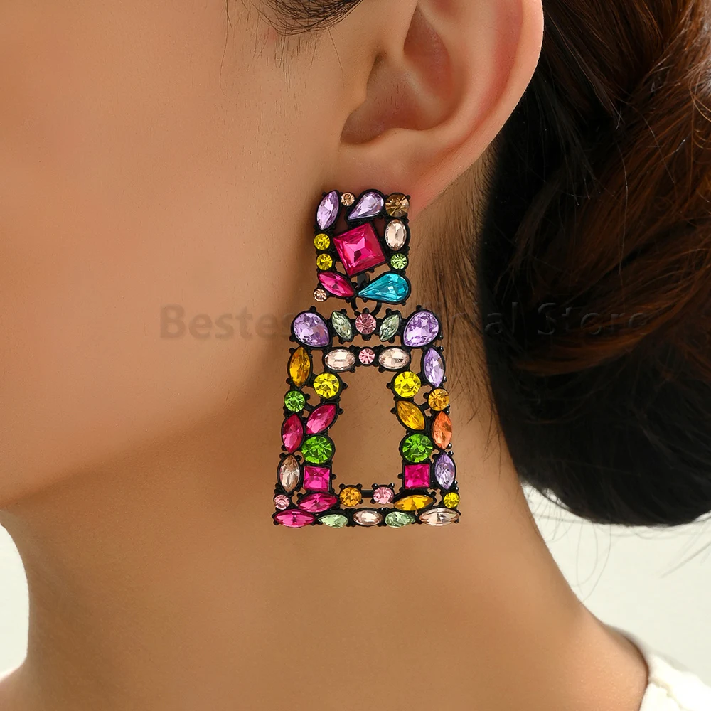 

Colorful Shiny Rhinestone Dangle Earrings For Women Trend Luxury Geometric Elegant Vintage Jewelry Wedding Graduation Pendientes